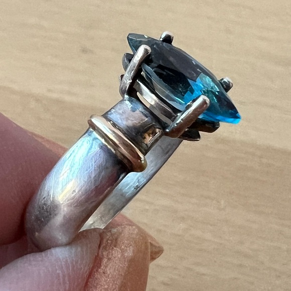 VINTAGE DESIGNER NAVETTE LONDON BLUE TOPAZ RING 14K GOLD 925 STERLING SILVER